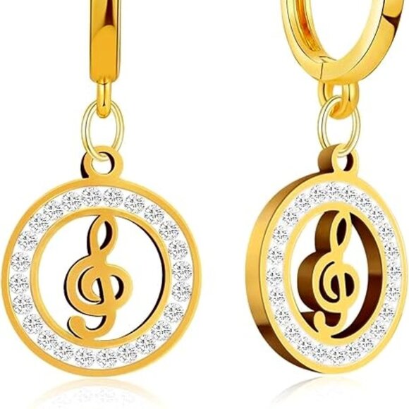 Earrings💛Cubic Zirconia Music Note Gold Plated with Alloy Hooks - Picture 2 of 4